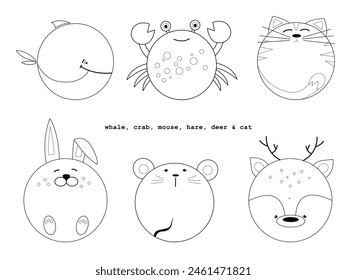 Vector set of funny round animals in line style. Cat, bunny, mouse, deer, crab, whale for logo and greeting cards	