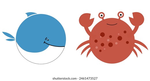 Vector set of funny round animals. Crab and whale for logo and greeting cards	