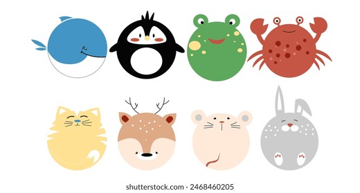 Vector conjunto de animales redondos divertidos. Gato, conejo, pingüino, rana, ratón, ciervo, cangrejo, ballena para logotipo y tarjetas de felicitación	