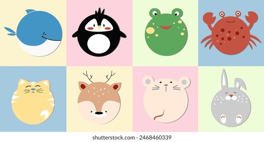 Vector conjunto de animales redondos divertidos. Gato, conejo, pingüino, rana, ratón, ciervo, cangrejo, ballena para logotipo y tarjetas de felicitación