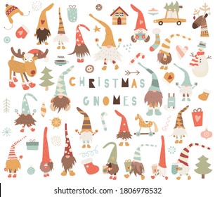 Vector set of funny scandinavian gnomes, christmas elements and characters. Kids illustrations isolated on white background. Big collection of cliparts for christmas design. Retro style.