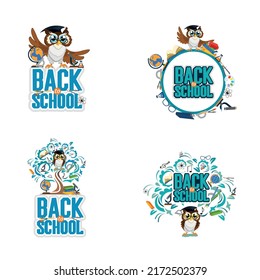 Vector set of funny school emblems with funny owls and school items. Back to school. Templates for flyer, poster and advertising decoration.