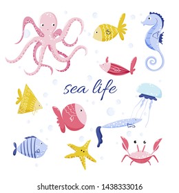 Vector set with funny sea animals and fishes, octopus, seahorse, crab, jellyfish, starfish. Cartoon sea life illustration.