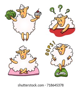 Vector set of funny sheep with different emotions. Cartoon animal characters, good for stickers, children's stuff, printed materials.