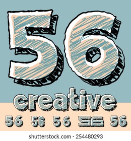 Vector set of funny sketch alphabet. Vector illustration of hand drawing font. Numbers 5 6