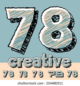Vector set of funny sketch alphabet. Vector illustration of hand drawing font. Numbers 7 8
