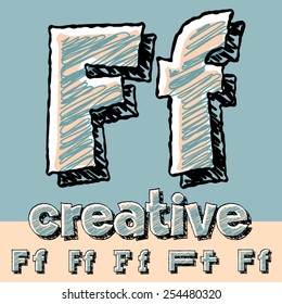 Vector set of funny sketch alphabet. Vector illustration of hand drawing font. Letter F