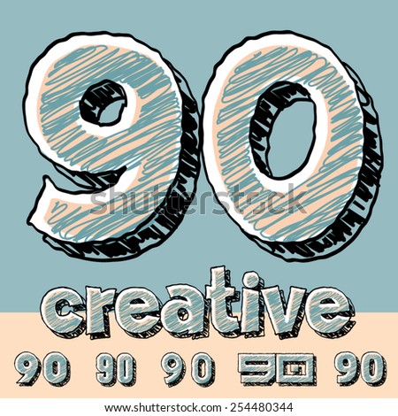 Vector set of funny sketch alphabet. Vector illustration of hand drawing font. Numbers 9 0
