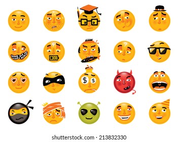 Vector set of funny smileys. Collection of isolated cartoon vector emoticons.