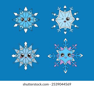 vector set of funny snowflakes in kawaii style in soft blue tones that are suitable for decorating children's New Year and Christmas holidays