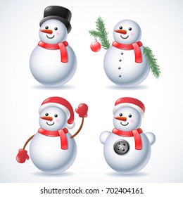 Vector set of funny snowman. Santa Claus hat, mittens, scarf, buttons, top hat, christmas tree branches, red christmas ball. Characters for greeting cards, invitations, banners, stickers, wrapping.