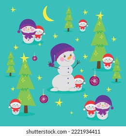 Conjunto de vectores de divertidos hombres de nieve y árboles de Navidad. Varios elementos para el diseño de tarjetas de felicitación, banners, pegatinas, invitaciones, fondos.