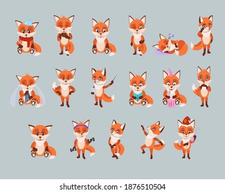 Vector set of funny stickers with red foxes