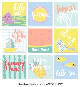 Vector set of funny summer cards. Beautiful summer posters with palm tree, whale, yacht, fish, phrases "Take me to the sea", "Hello sea", "Enjoy summer" and others