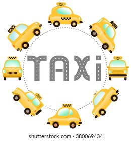 Vector Set of Funny Taxi Cars around the Circle. Label for Taxi Day. Vector Illustration for Cover Design