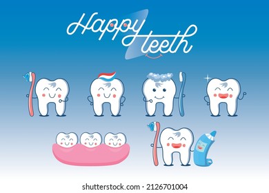 Vector set of funny teeth and toothbrush. Cartoon mascot illustrations. Toothbrush and healthy teeth, mascot character teeth