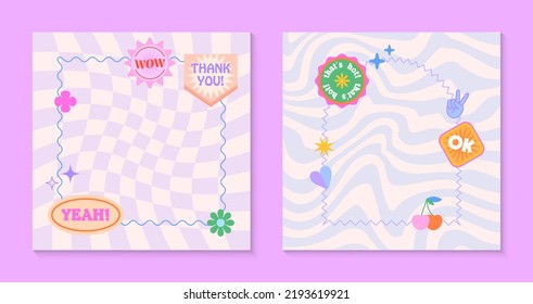 Vector set of funny templates with frames,patches,stickers in 90s style.Modern symbols in y2k aesthetic with text.Trendy groovy designs for banners,social media marketing,branding,packaging,covers