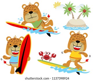 Vector set of funny tigers cartoon surfing in the beach