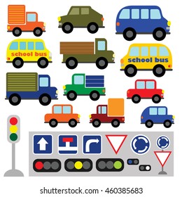 Vector set of funny transport. Multicolored cars, trucks, buses, road sign, semaphore, traffic light