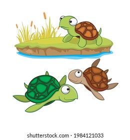 Vector set of funny turtle cartoon with little friends
