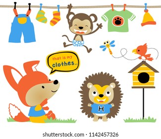 Vector set funny woods animals cartoon drying clothes