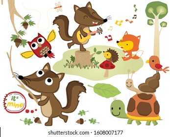 vector set of funny woods animals cartoon illustration