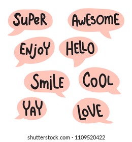 vector set, funny words set in a pink bubbles, hand lettering