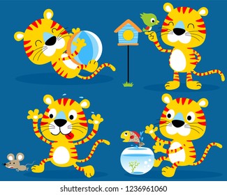 Vector set of funny yellow cat cartoon in different action