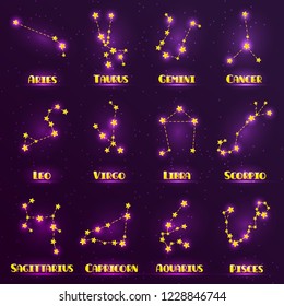 vector set of funny zodiac signs. Astrological constellations in cartoon style. Shiny stars for the design of children's products