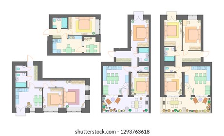 Vector set of furnished apartments, architectural background, top view