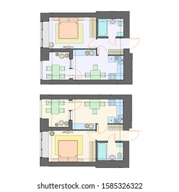 Vector set of furnished one bedroom apartments, architectural background, top view