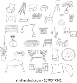 Vector Set Of Furniture And Accessories In The Scandinavian Interior. Doodle Hand-drawn Style.