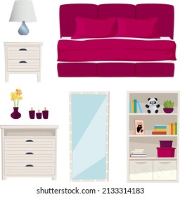 Vector set of furniture for bedroom interior with bed, nightstand, mirror, cabinet, planta and toys. Full color illustration of living room furniture in flat style.