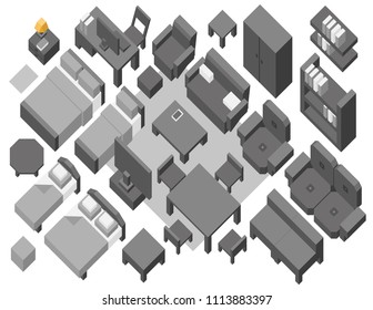 Vector set. Furniture for bedroom, living room. Isometric view from above. Beds, sofas, armchairs, cupboards, chairs, TV. Isometric view from the top.