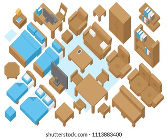 Vector set. Furniture for bedroom, living room. Isometric view from above. Beds, sofas, armchairs, cupboards, chairs, TV. Isometric view from the top.