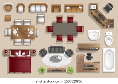 Vector set. Furniture for the bedroom, living room, kitchen, office, bathroom. Top view. Double bed, desk, sofa, wardrobe, bath, sink, chair. View from above.