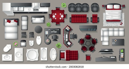 Vector Set. Furniture For The Bedroom, Living Room, Kitchen, Office, Bathroom. Top View. Double Bed, Desk, Sofa, Wardrobe, Bath, Sink, Chair. View From Above.