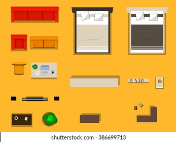 vector set of furniture for bedroom living room and hallway, top view