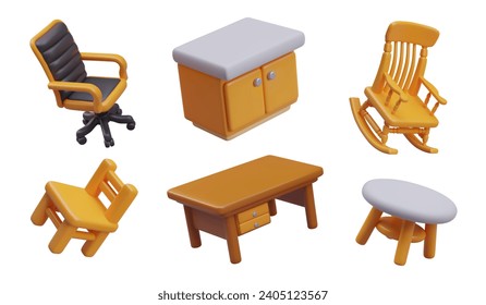 Vector set of furniture in cartoon style. Office chair, chest of drawers, rocking armchair, fullback chair, desk, stool. Wooden models for interior. Isolated 3D illustrations