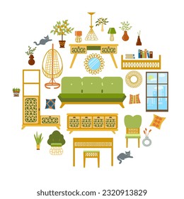 Vector set of furniture and decor elements in a stylized Art Deco and Art Nouveau style. A collection of illustrations of furniture for a cozy interior hand-drawn in a flat style.