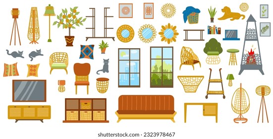 Vector set of furniture and decor elements for the living room and study in a stylized Art Deco style. Collection of illustrations of furniture for a cozy interior, hand-drawn in a flat style.