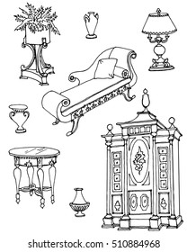 Vector set of furniture in the Empire style - a couch, stand under the flowers, lamps, vases, table, wardrobe in the Empire style, black hand drawing lines in white background