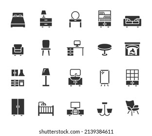 Vector set of furniture flat icons. Contains icons sofa, wardrobe, table, kitchen, bed, fireplace, mirror and more. Pixel perfect.