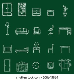 Vector Set of Furniture Icons. Chalk on a Blackboard.