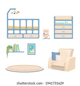Vector set of furniture interior of a nursery for a newborn baby with a baby bed, changing table, mother's chair, bookshelf and teddy bear