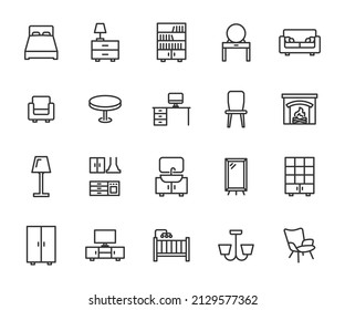 Conjunto vectorial de iconos de línea de muebles. Contiene iconos sofá, armario, mesa, cocina, cama, chimenea, espejo y más. Pixel perfecto.