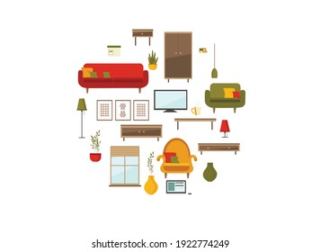 Vector set of furniture of living room (sofa, armchair, wardrobe, table, shelves, flowers, window, TV, paintings, lamp)