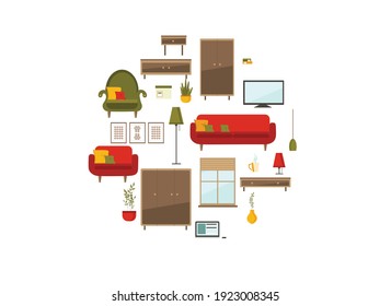 Vector set of furniture of living room (sofa, armchair, wardrobe, table, shelves, flowers, window, TV, paintings, lamp)