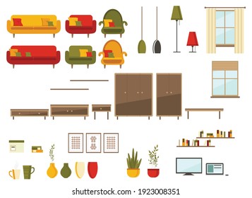 Vector set of furniture of living room (sofa, armchair, wardrobe, table, shelves, flowers, window, TV, paintings, lamp)