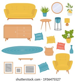 Conjunto vectorial de muebles para la sala de estar. Ilustración de estilo plano de caricatura sobre fondo blanco.